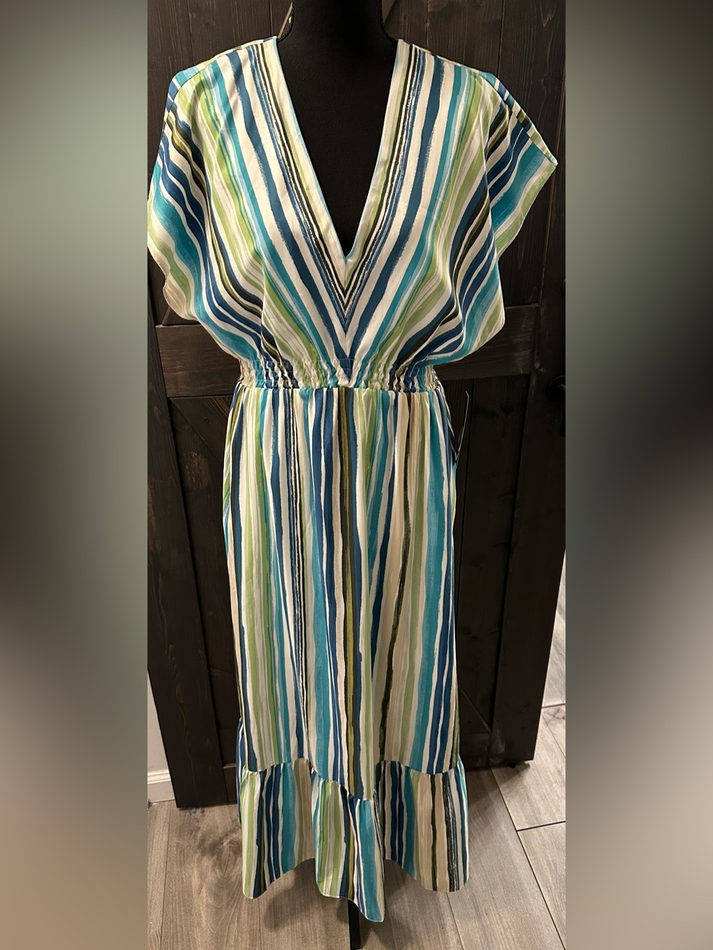 Maggie London  Blue/Green Striped Maxi Dress - Size 12 NWT